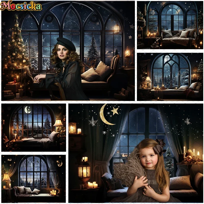 Winter Christmas Window Photography Backdrop Night Starry Night Cuddle Pillow Decor Kids Family Portrait Photo Background Studio