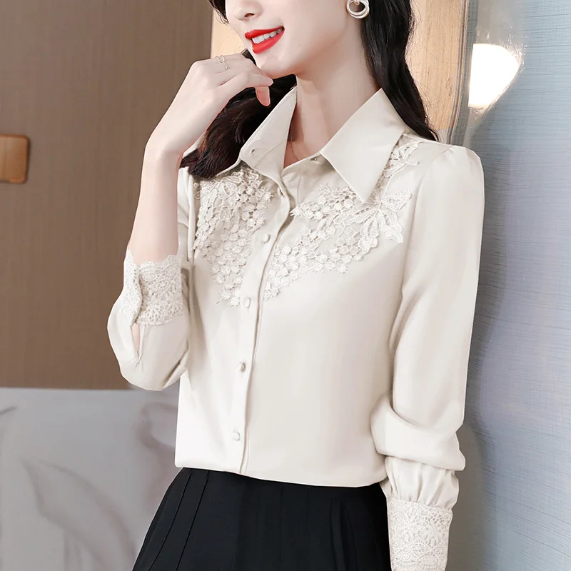 #2550 Red Blue Beige Satin Shirt Women Embroidery Flower Office Shirt Long Sleeve Elegant Vintage Woman Shirts Polo Neck Spring