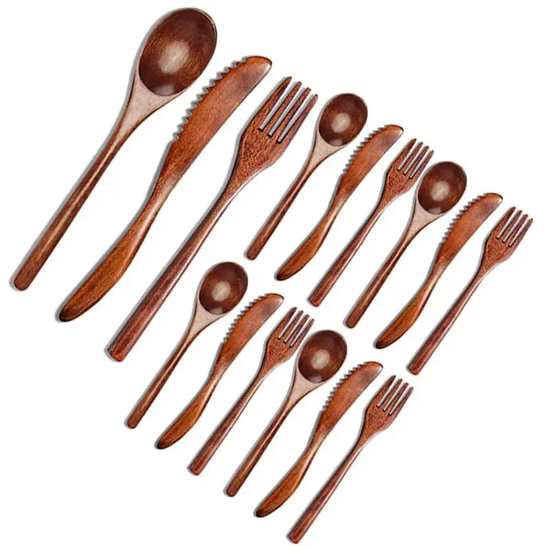 VEHO-30 Pcs Wooden Spoon Fork Knife Cutlery Set Wooden Dinner Utensil Set Kitchen Wooden Flatware Tableware Cutlery Set