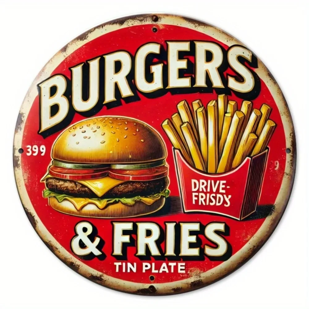

Винтажная металлическая вывеска «Гермеры и картофель фри» — круглая алюминиевая табличка размером 8x8 дюймов, красный, желтый, белый цвет в стиле ретро, декор для кухни, кафе, мощность не требуется