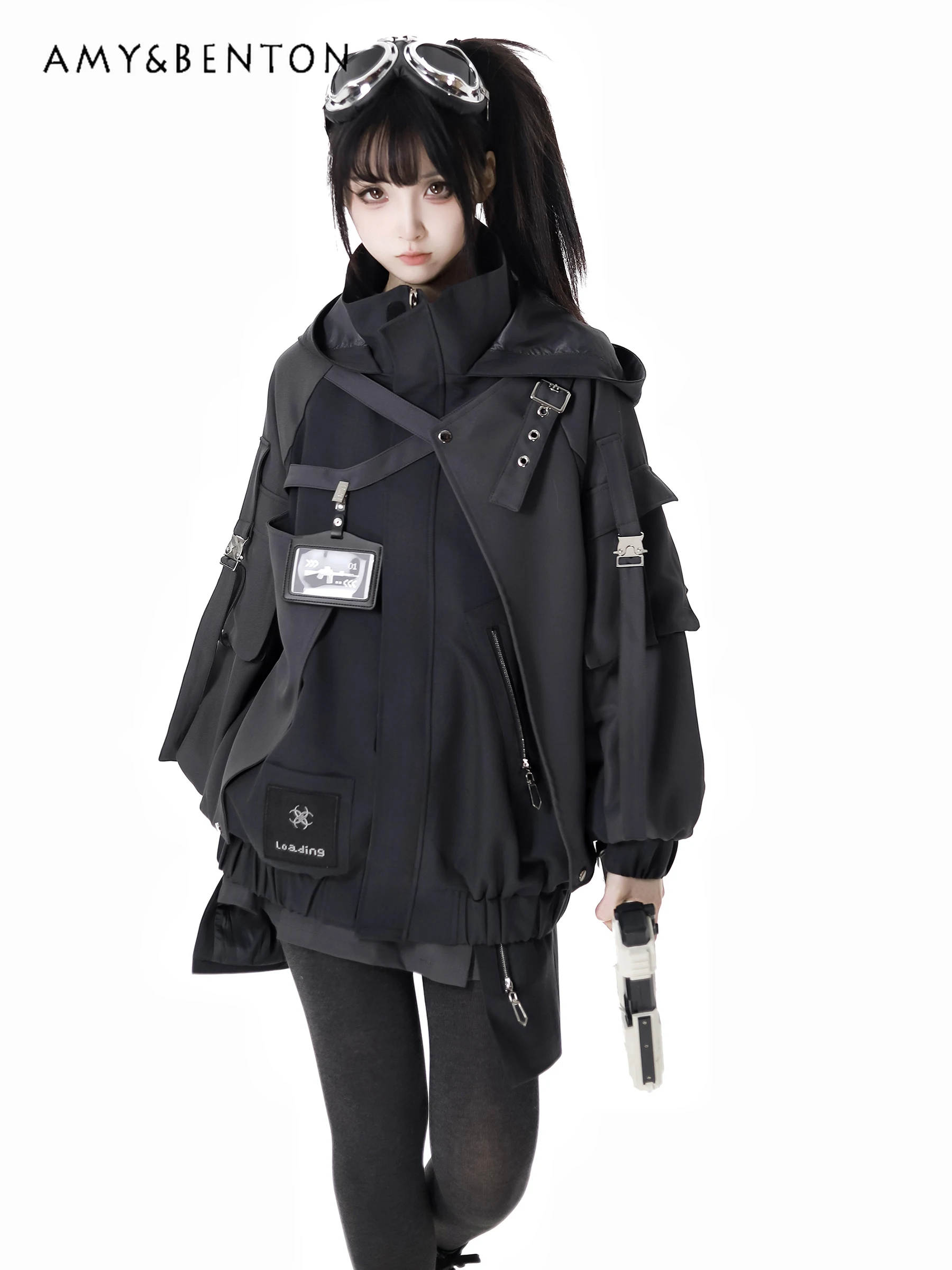 Gothic Splicing Mechanical Style Sets Sweet Cool Hooded Oversized Zipper Jacket Elastic Waist Casual Trousers Subculture Outfits