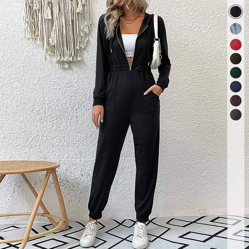 Women's 2023 Autumn/Winter New European and American Hooded Long Sleeve Zipper Hoodie Casual Sports Jumpsuit