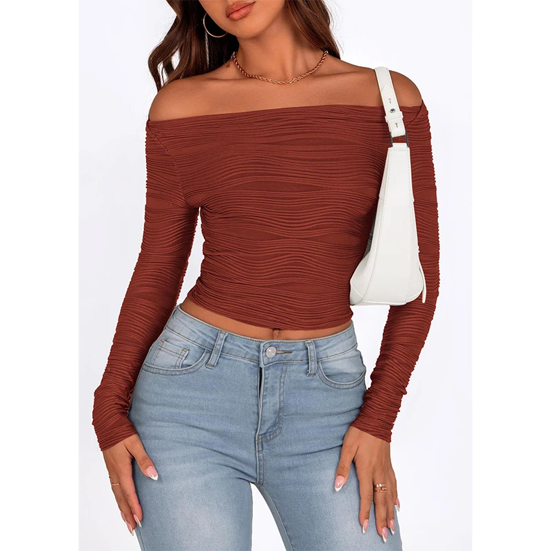 

Chic Sexy Textured Off Shoulder Long Sleeve T Shirt Summer Slim Fit Ruched Crop Top Elegant Short Top Streetwear for Women 2025