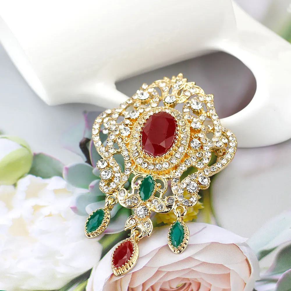 Sunspicems Gold Color Moroccan Jewerly Crystal Brooch Arabic Women Brooch Pins Full Rhinestone Bride Wedding Bijoux