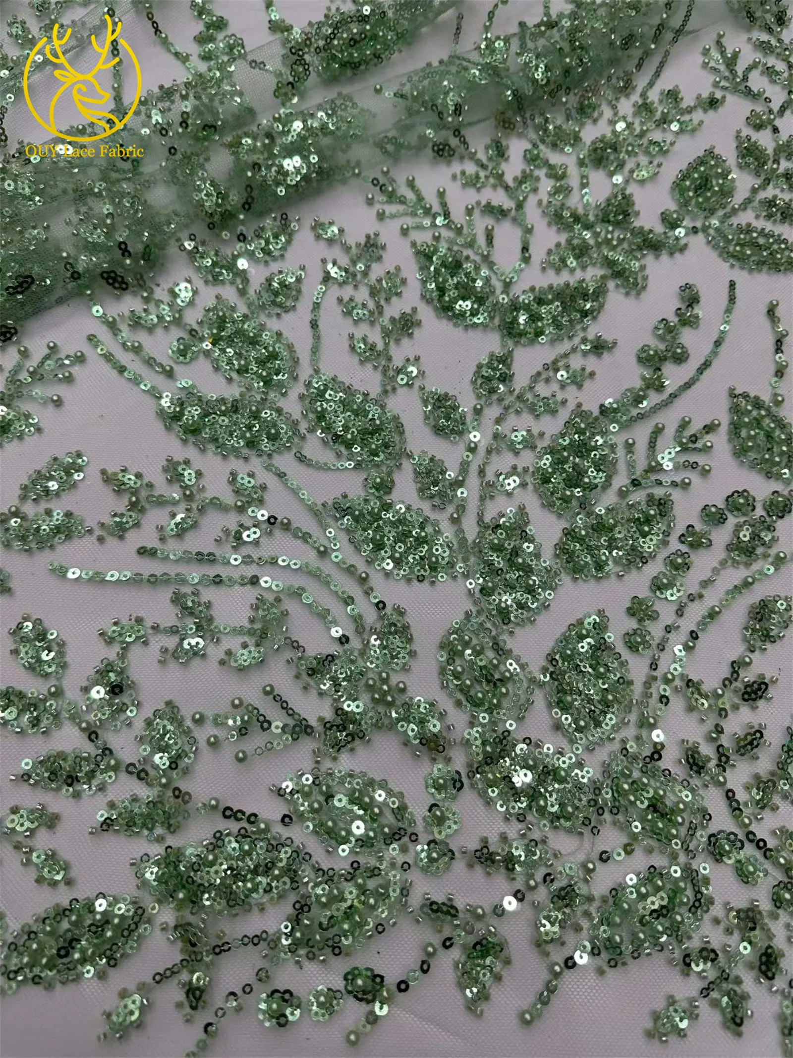 5 Yards grüner afrikanischer Spitzenstoff, hochwertige französische Pailletten, Perlenstickerei, Tüllspitze für nigerianische Frauen, Abendkleid – Detail 16