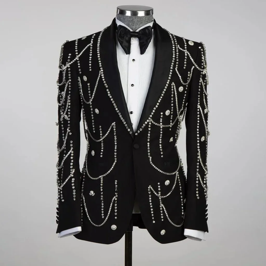 Luxury Wedding Groom Tuxedo with Crystal 2pcs Blazer Pants Formal Party Birthday Host Men's Suits Customized Male Suit