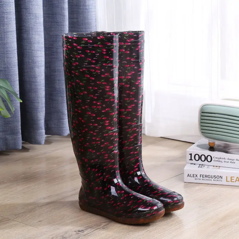 Women Knee-High PVC Rain Boots Camouflage Cherry Print Water Boots Female Non-slip Wear-resistant Fishing Boots