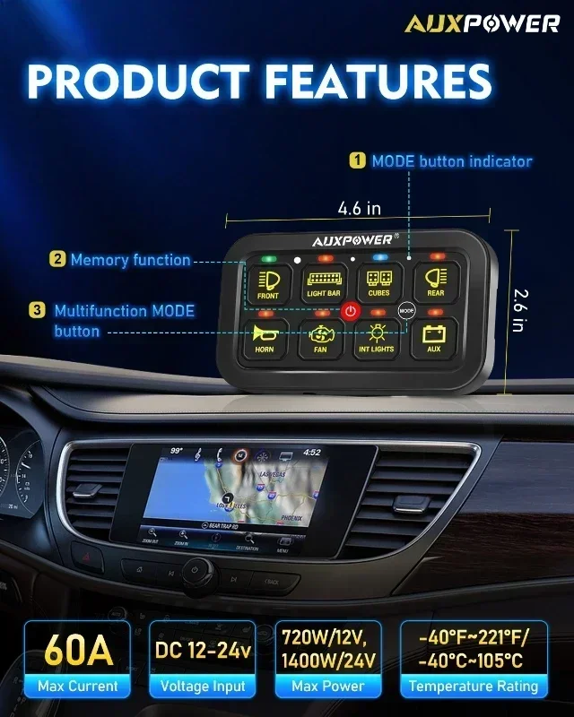 AUXPOWER RGB 4/6/8/12Gang Switch Panel Toggle/Momentary/Pulsed Supported without App Control (One-Sided Outlet) With packaging