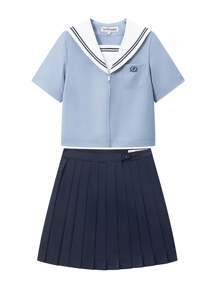 Japanse Preppy Stijl Jk Rokken Set Matroos Kraag Korte Mouw Geborduurde Rits Top Hoge Taille A-Lijn Geplooide Mini Rok Vrouwen