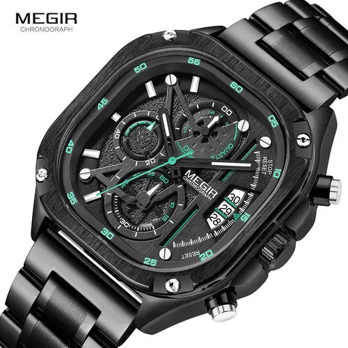 Imagen 2 del producto Reloj MEGIR de cuarzo negro para hombre, reloj de pulsera con esfera cuadrada resistente al agua y cronógrafo, correa de acero inoxidable, manecillas luminosas, fecha automática