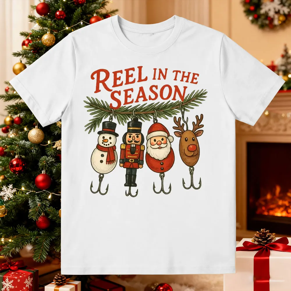 REEL IN THE SEASON Camisa de pesca navideña divertido pescador sublimado mujeres hombres algodón Tww Tops Y2k Top camisetas gráficas