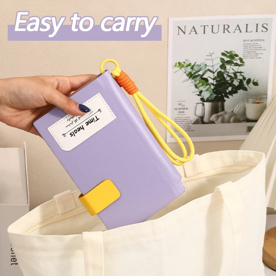 A6 Pocket PU Leather Notebook With Lanyard Snap Closure Time Heals Inspirational Journal Portable Mini Diary for School Office