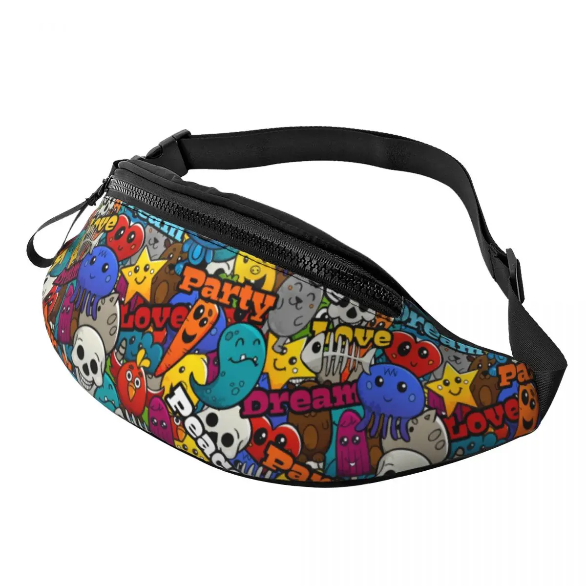 Custom Fashion Graffiti Characters Cartoon Skull Fanny Pack for Travel Hiking Women Men Crossbody Waist Bag Phone Money Pouch