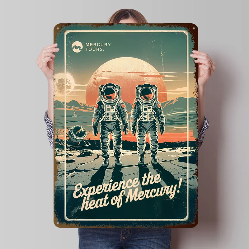 Mercury Tours: Space Travel Tinplate Posters Customizable Wall Art Retro Vintage Metal Signs for Home Room Desk Decor Wand Deko
