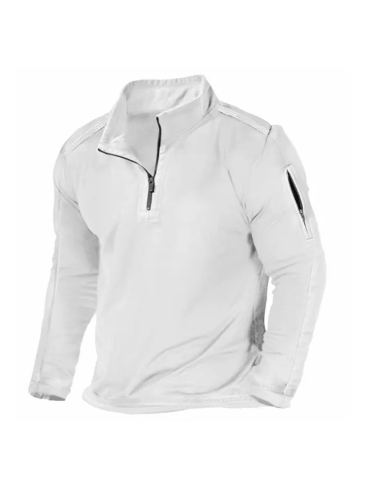 

Spring and autumn casual men's T-shirt, outdoor zipper side pocket long sleeve hoodie stand collar long sleeve solid color shirt