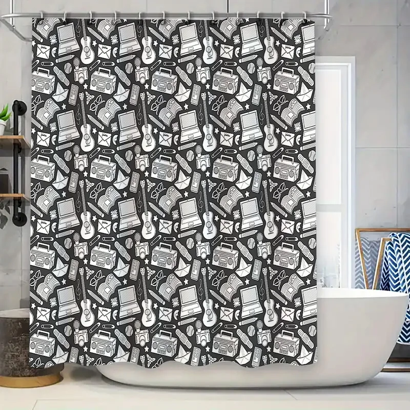 

Vintage Music Pattern Shower Curtain Set Waterproof Bathroom Decor Rock Band Retro Backdrop Musical Theme Washable Curtains