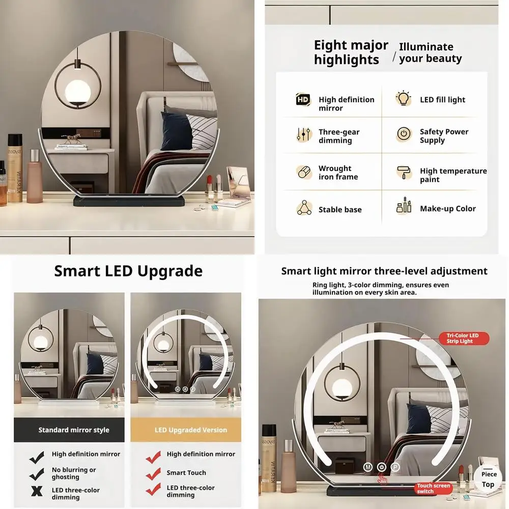 

LED-Illuminated Half-Round Makeup Mirror with Touchscreen Dimming, 360° Swivel, Marble Stand for Bedroom & Vanity