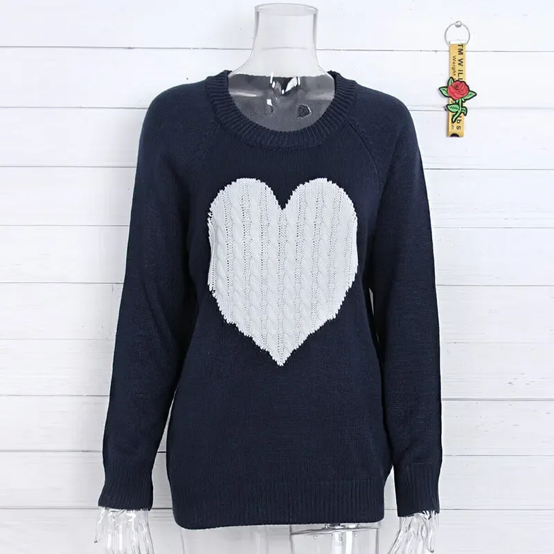 Heart Sweater Pullover Women Autumn Spring Simple Knit Elastic Pullovers Jumper Casual Thick Warm Black White Basic Jumpers