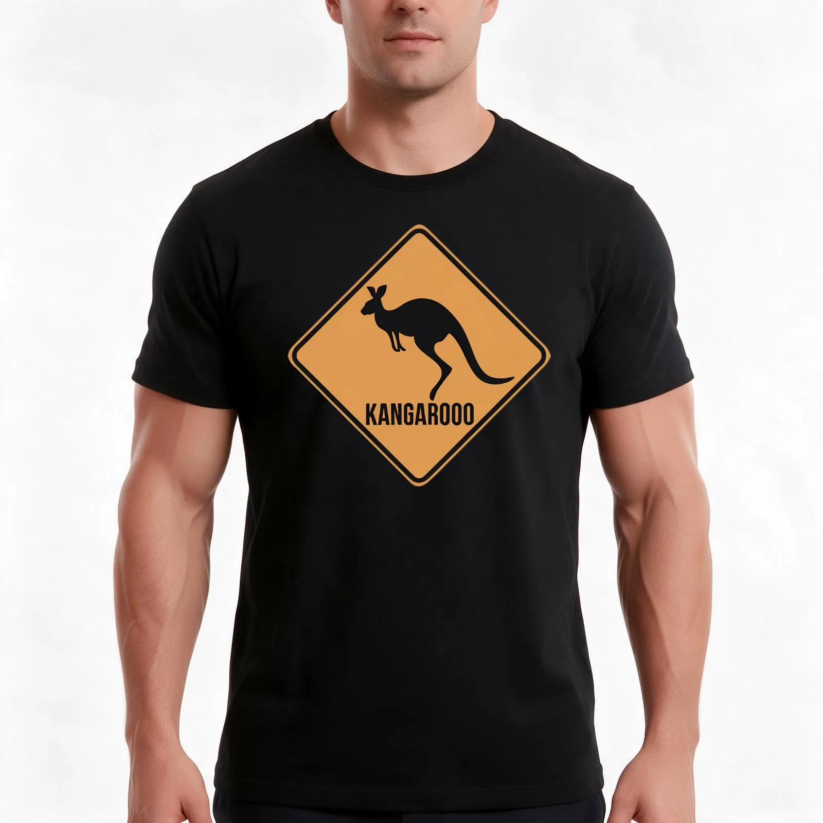 Kangaroo Warning Road Sign T-Shirt, Summer Casual Cotton Tee, Oversized Streetwear Tops, Vintage Graphic Print, Unisex Men Women