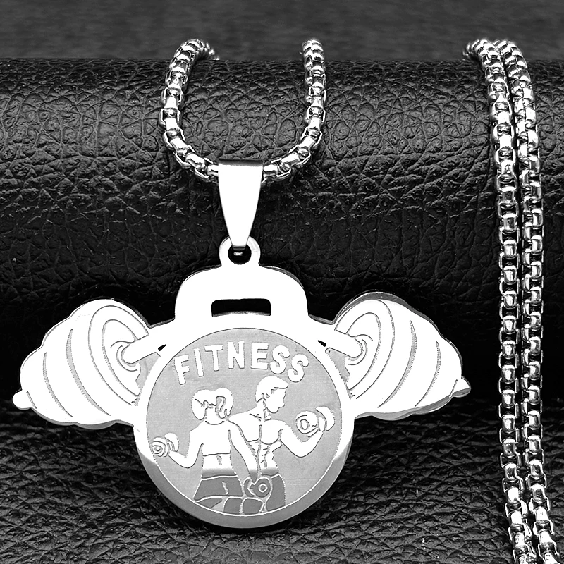 ยก Dumbbells ผู้ที่ชื่นชอบฟิตเนสสร้อยคอจี้สําหรับหญิงชายสแตนเลสสตีลสีชายสุขภาพกีฬาเครื่องประดับ
