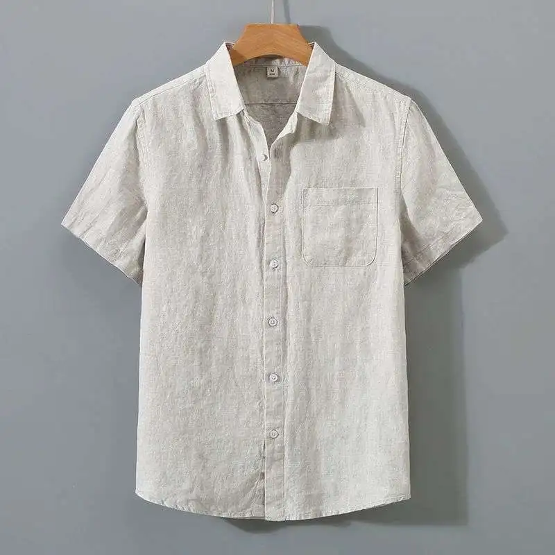 Men's Pure Color Cotton Linen Shirt Short Sleeve Lightweight Breathable Summer Casual Loose Fit Vintage Style Thin Material