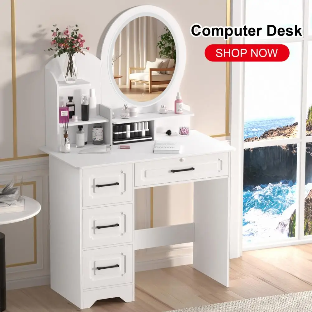 

Makeup Desk with Mirror Large Vanity Desk with Storage Shelves, 4 Drawers Makeup Vanity Table with Light, Bedroom Dressing Table