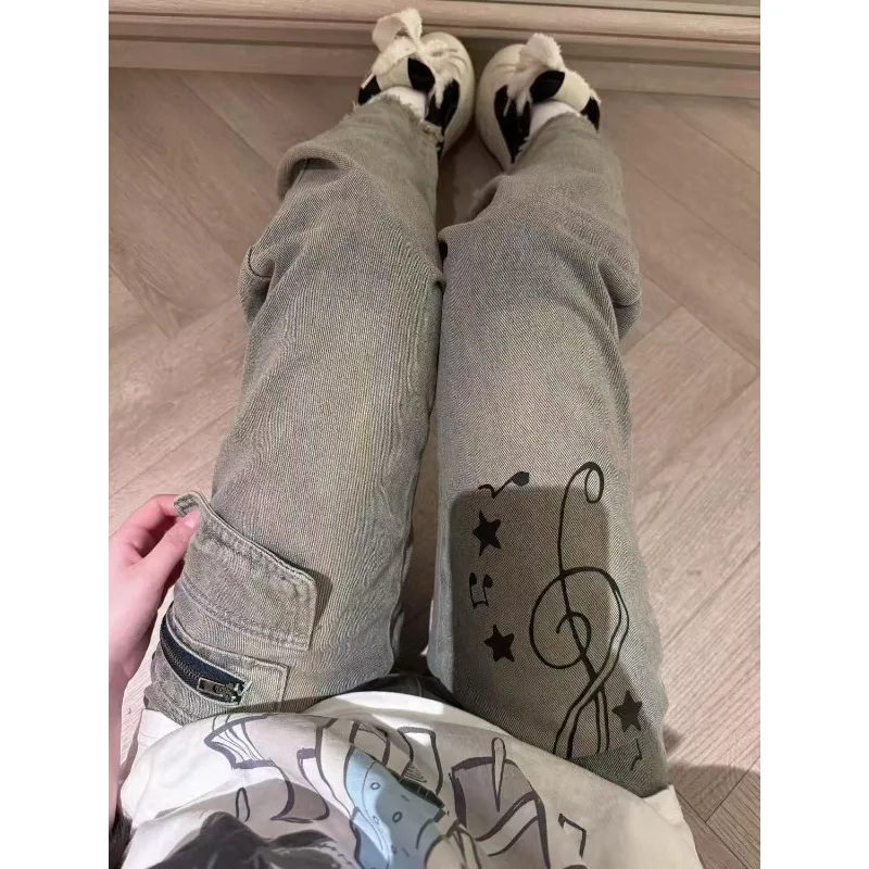 

Japanese Subculture Note Printed Jeans Street Retro Harajuku Wide Leg Pants Women's High Waist Fashion Furred Design Cargo Pants
