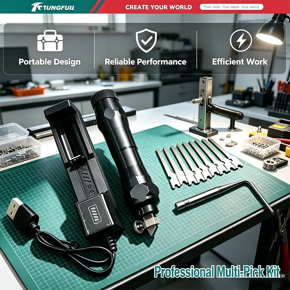 Rechargeable Electric Lock Pick Set Handheld Professional Locksmith Tool Kit with Complete Replacement Lock Pick Blades