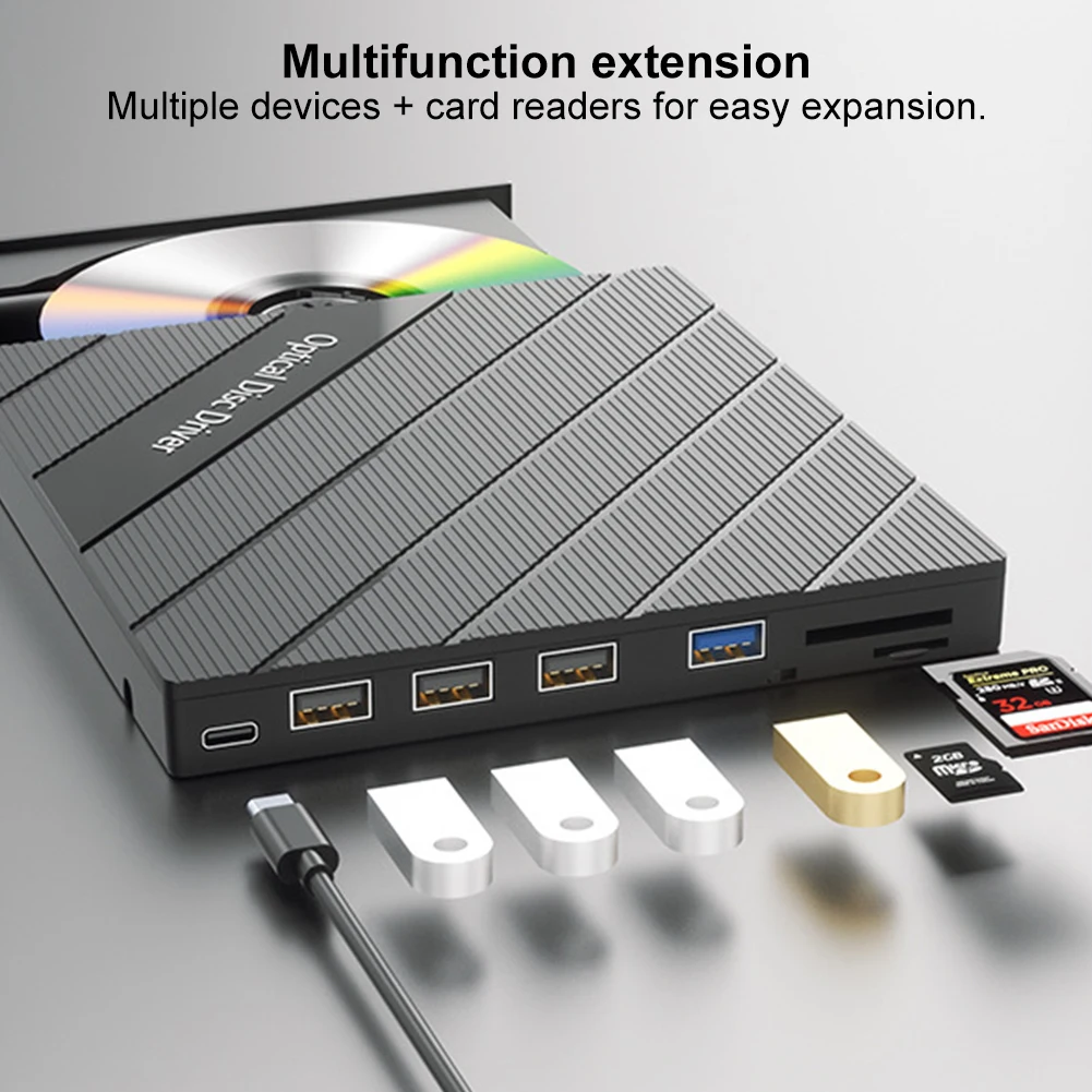 7 in 1 USB 3.0 Type C External CD DVD RW Optical Drive with Card Reader USB Hub Portable CD DVD Player for Windows Mac PC Laptop