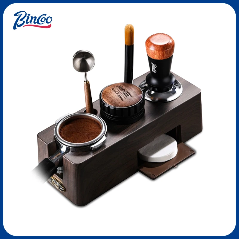 Bincoo 51/58MM Espresso Dispenser with Wooden Lid Adjustable Depth Coffee Masher Leveler Combination Set Home Barista Tools