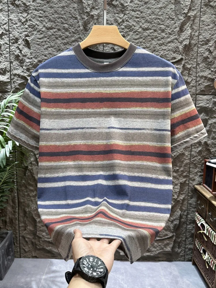 Male Summer Short Sleeve Knitted T-Shirt Colors Panelled O-Neck Striped Pullover Tees Tops Casual Loose Fit High Street T-Shirt