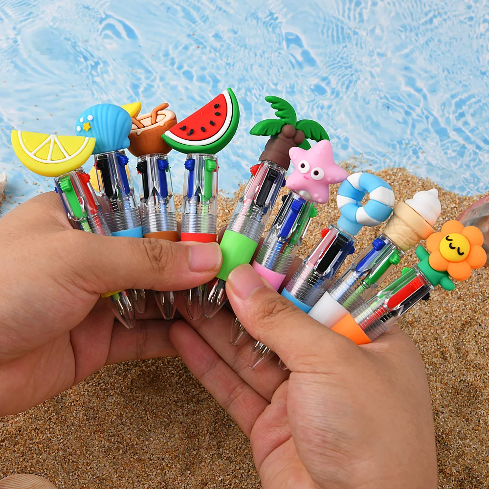 5Pcs Set of Beach Series Cute Four-Color Ballpoint Pens, Cartoon Creative Mini Pocket Pens for Elementary School Students