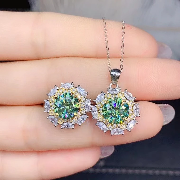 

Classic Green Moissanite Suit D Color Pendant Ring Main Stone 2ct 8.0mm Women Fashion Luxury Jewelry Jewelry Set