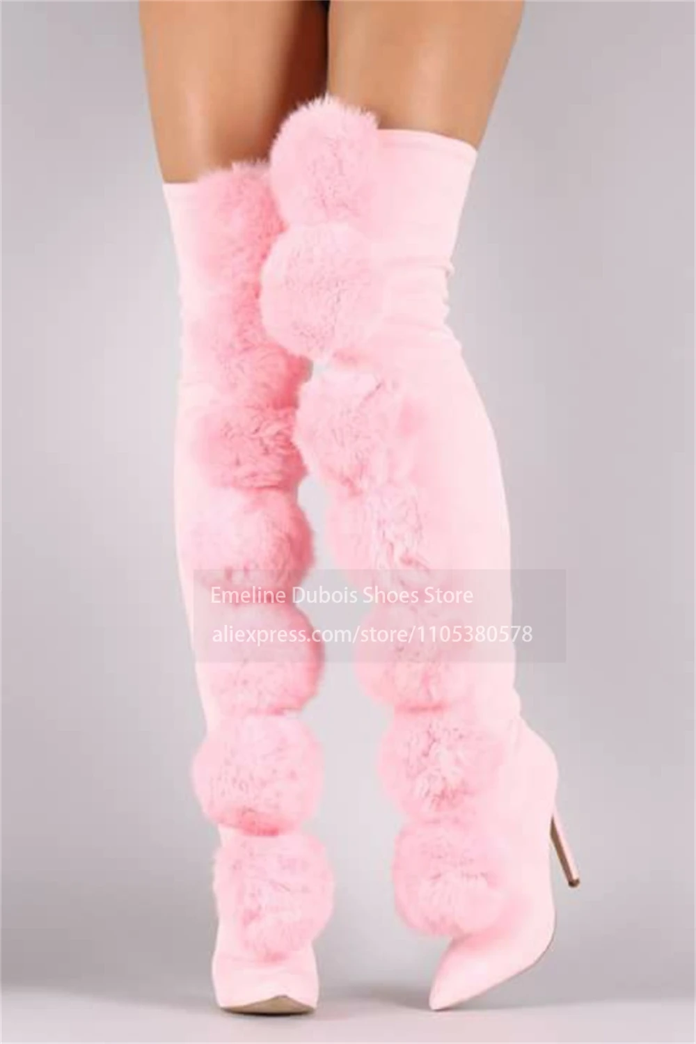 Furry Pom Pom Suede Stiletto Over the Knee Boots Pointed Toe Side Zip High Heel Thigh High Boots Sexy Autumn Winter Tall Boots