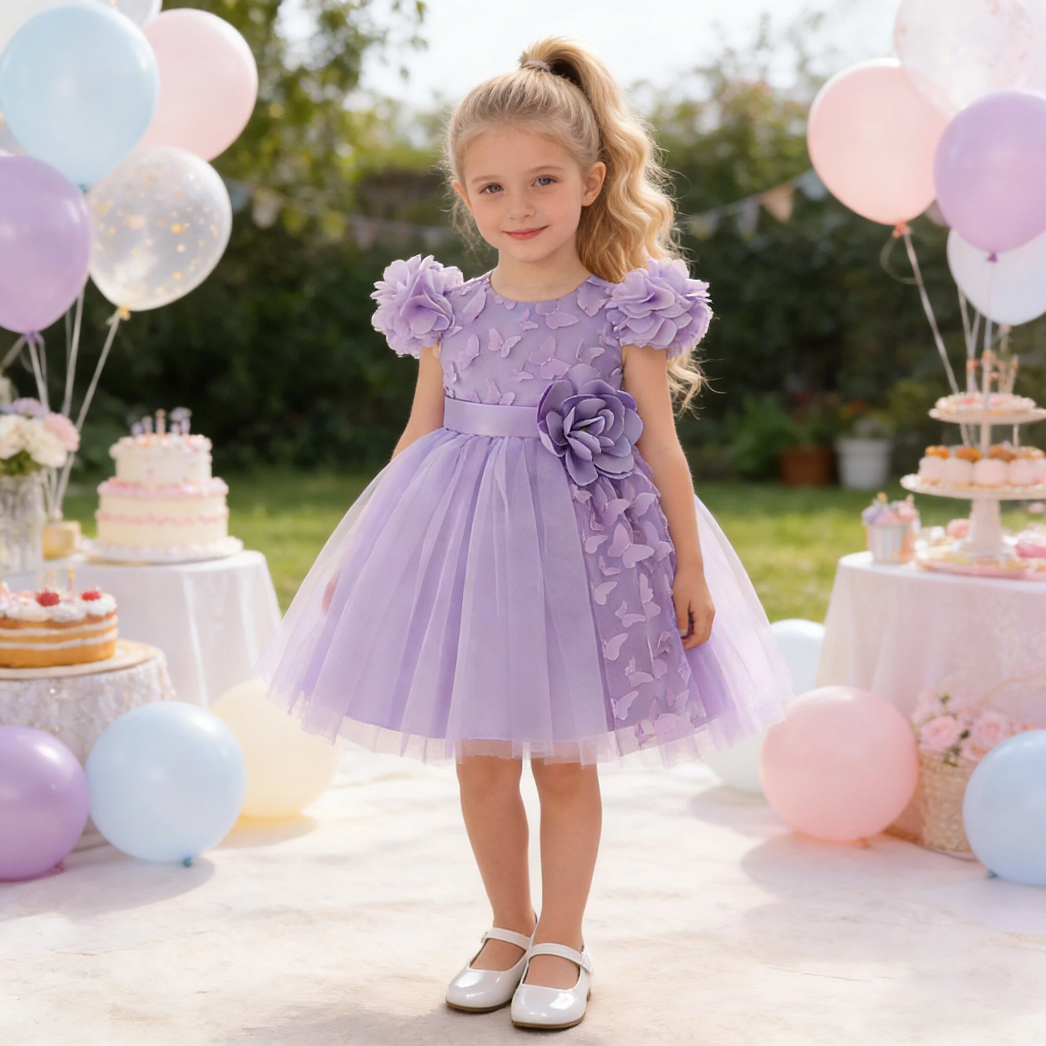 Fashion Flower Bridesmaids Party Girl Dresses Elegant Tulle Wedding Birthday Princess Dress Girls Bow Graduation Pageant Costume
