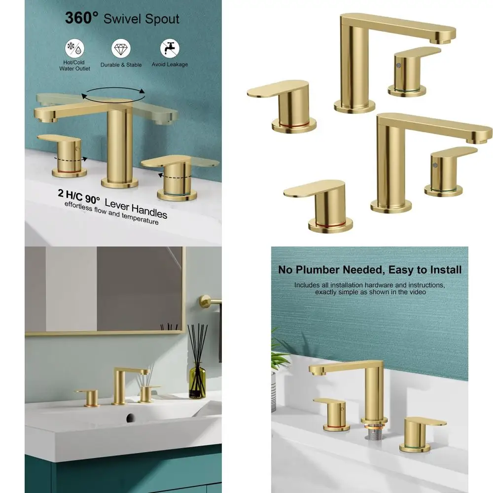

8 Inch Widespread Brushed Gold Bathroom Faucet Set with Pop-up Drain, 360° Swivel Spout and Supply Lines for Vanity Sink