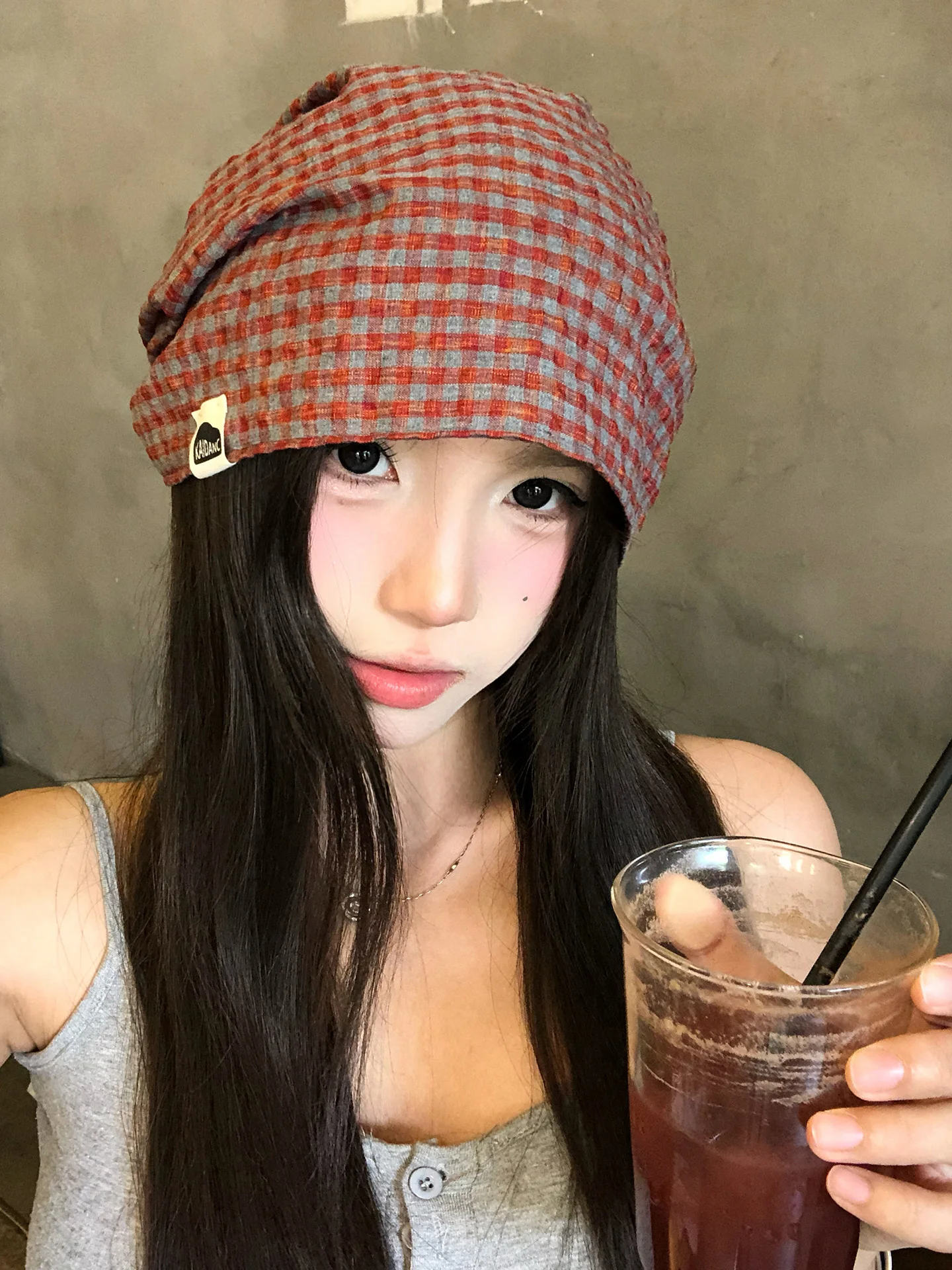 Retro Korean Plaid Tie Women's Spring Summer Thin Casual Headscarf Hat Artistic High-End Feeling Loose Fit Overhead Cap