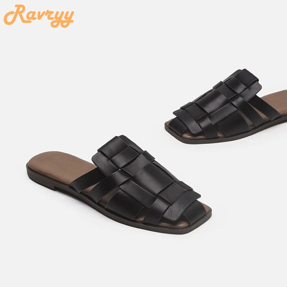 

2025 Spring Summer New Cover Toe Slides Outer Wear Slippers Casual Weave Flat Bottom Non slip Sandals Women