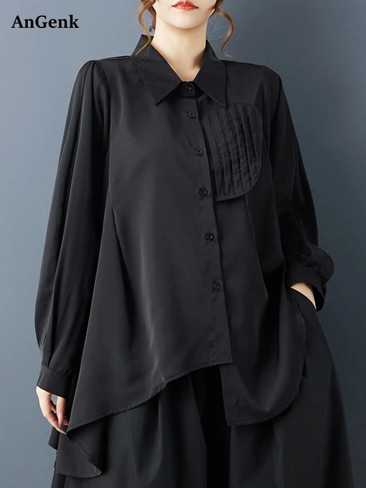 

Irregular Black Vintage Oversized Blouse Women New Lapel Long Sleeve Loose Casual Shirt Top Fashion Clothing Spring Autumn 2025