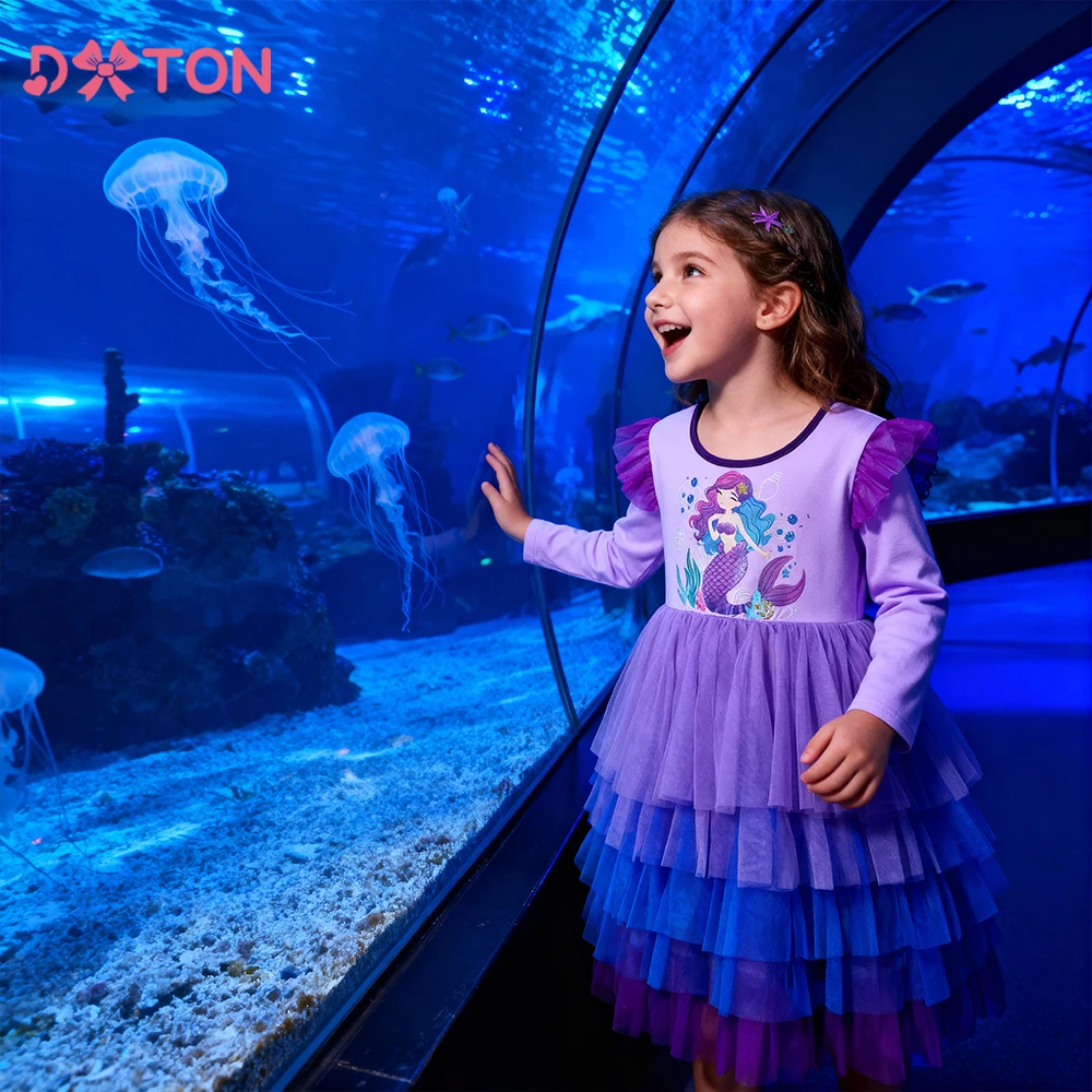 

DXTON Mermaid Princess Dress For Girls Birthday Party Costumes Cotton Winter Children Layered Mesh Cake Dress Todder Clothing