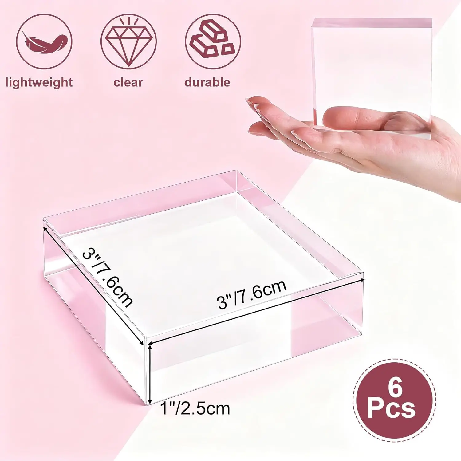 6pcs Acrylic Square Display Block, 3 x 3 x 1 Inches Clear Polished Acrylic Cube Risers, Solid Jewelry Display Pedestal Stand