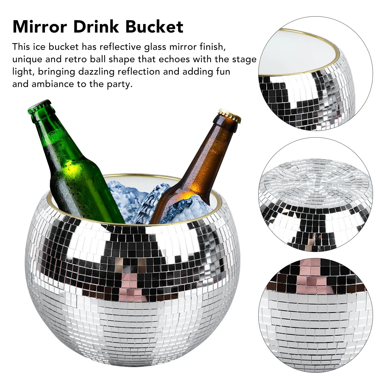 Ball Ice Bucket Plastic Beverage Tub Mirror Party Decor Bucket for Wine Cold Drinks Milky White Gold Edges Mirror Drink Bucket