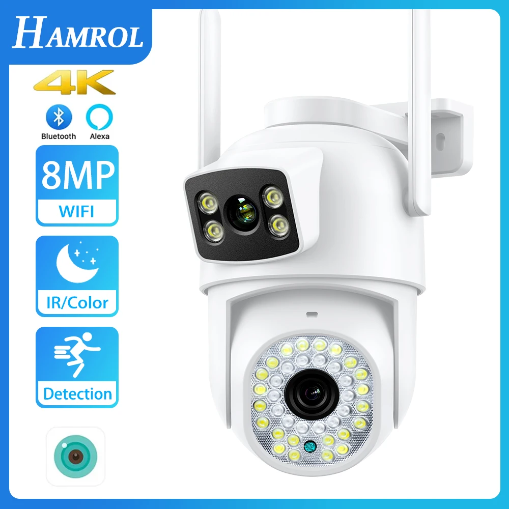 

HAMROL 8MP Wifi Camera Dual Lens Auto Tracking H.265 Ai Human Detect Outdoor Color Night Vision Wireless 6MP CCTV Camera