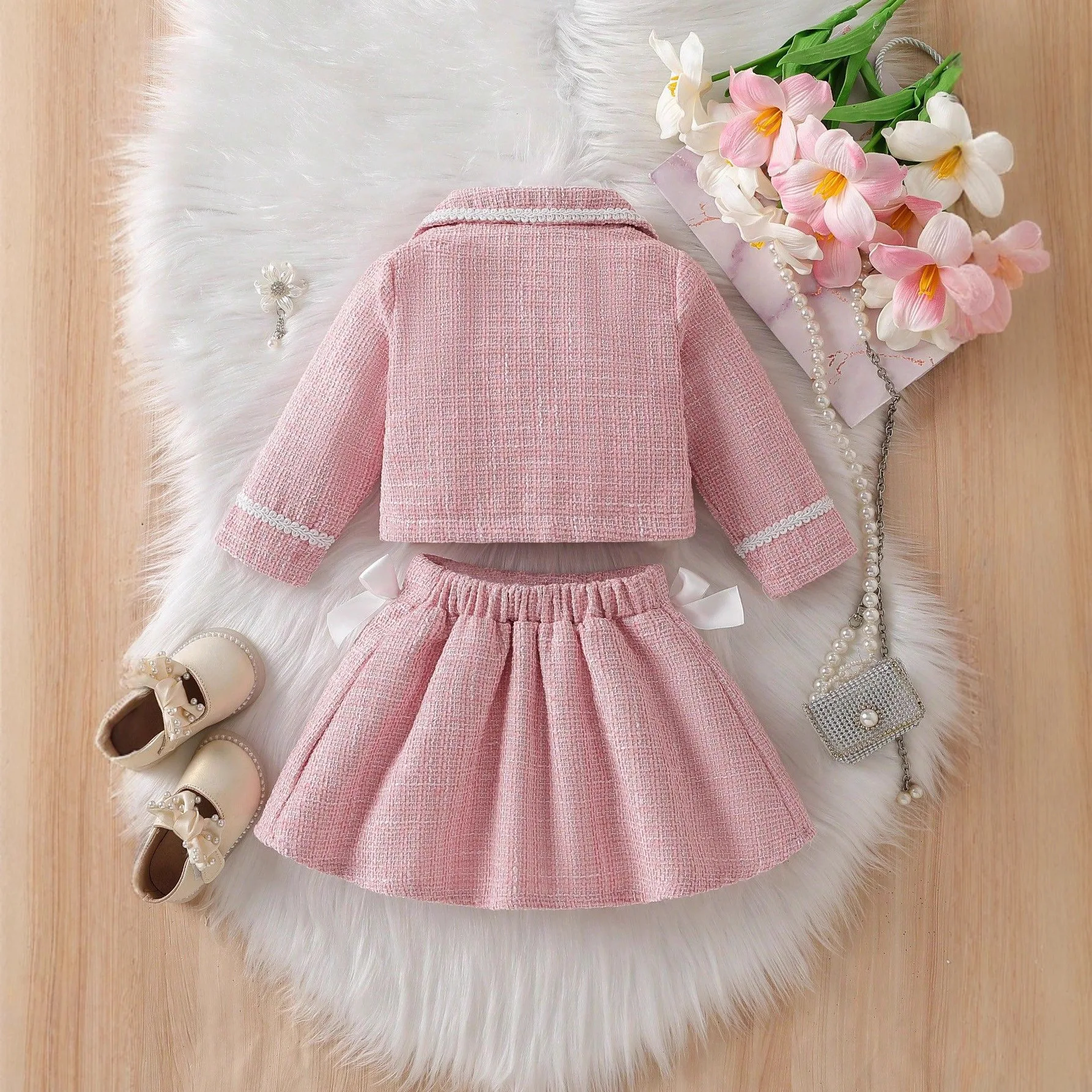 2026 Spring and Autumn New Korean Girls Small Fragrant Style Skirt Set  Pink Cute Short Skirt Two Piece Set for Girls