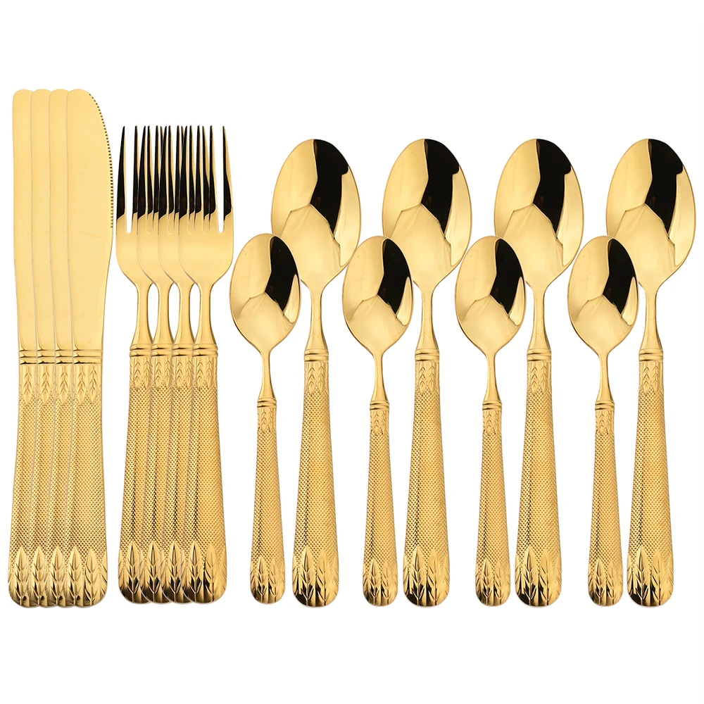 

JANKNG 16Pcs Wheat Ears Dinner Tableware Set 304 Stainless Steel Knife Fork Spoon Dinnerware Cutlery Set Western Kitchen Decor