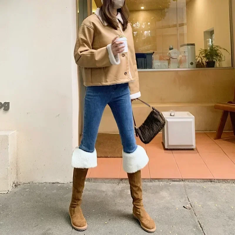 Lamb Hair Over The Knee Boots Women Winter Plus Velvet Warm Snow Boots Tall Long Boots Khaki Cow Suede Flat Botas Shoe 2024