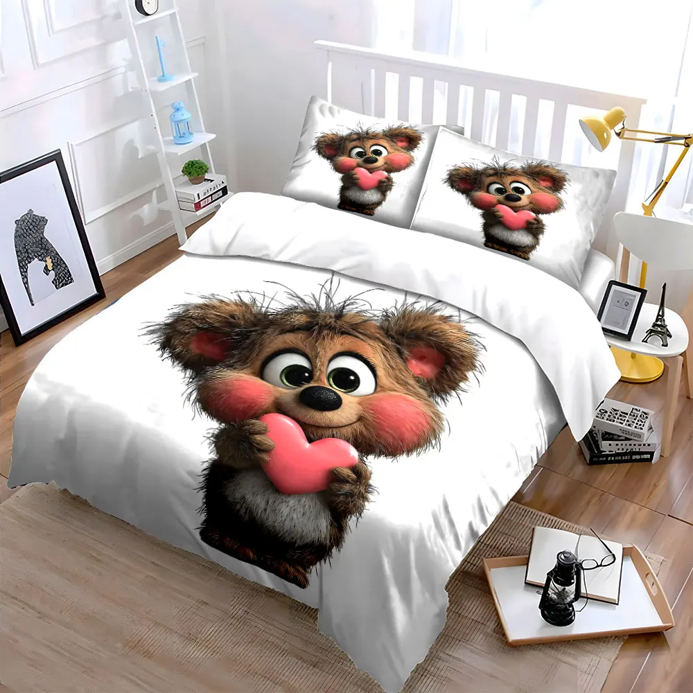 Adorable animal holding pink heart Print Bedding Set 1 Duvet Cover 2 Pillowcases for Adult and Children Luxury Gift Full Size