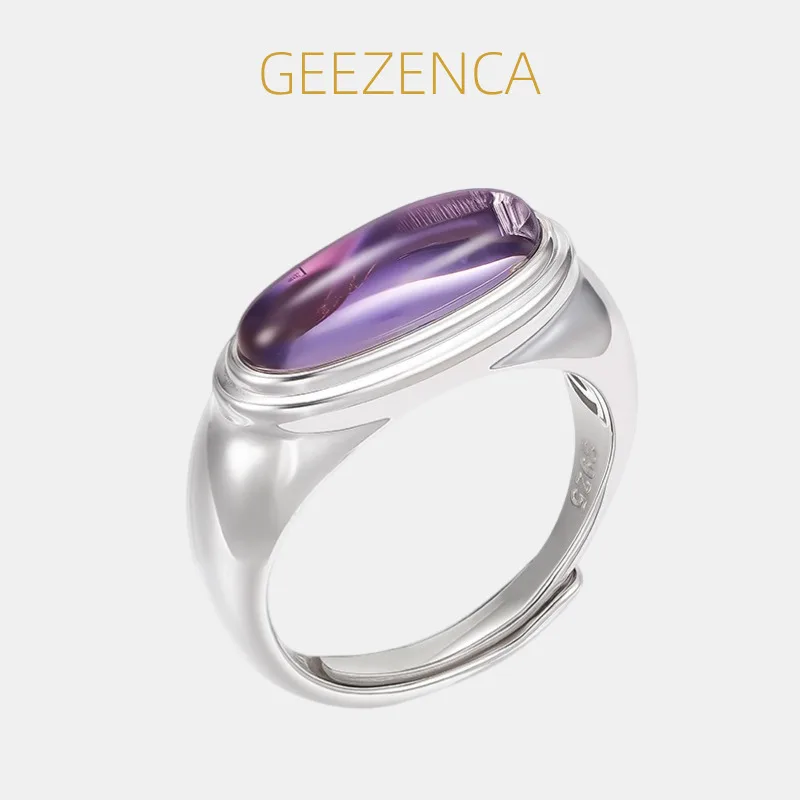 

GEEZENCA 925 Sterling Silver Solitaire Amethyst Stone Open Ring Women Minimalism Geometric Dainty Trendy Stackable Rings Gift