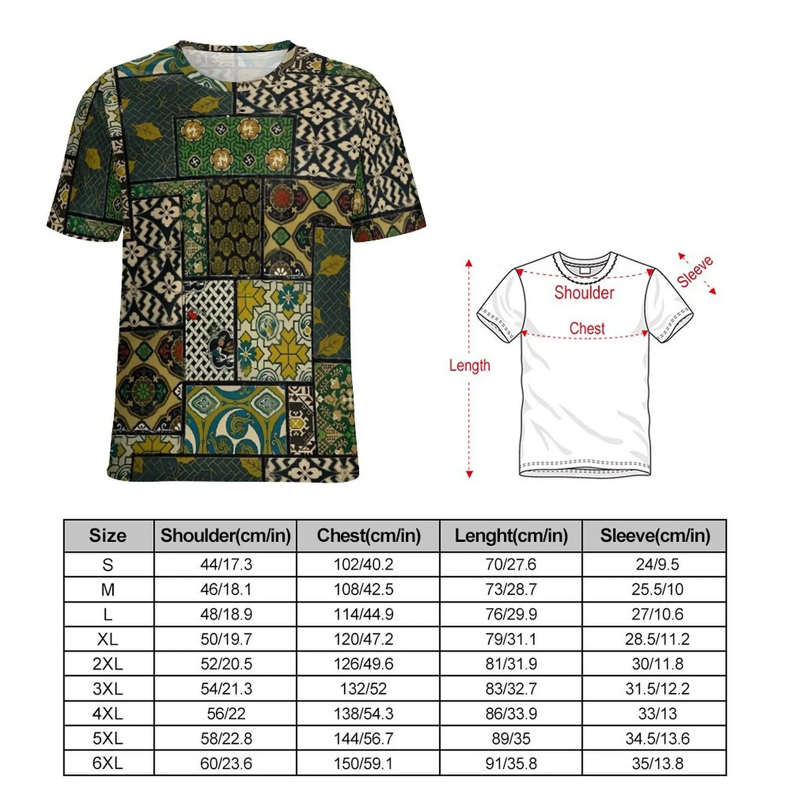 Vintage Patchwork Print T Shirt Green Brown Harajuku T Shirts Short Sleeves Pattern Tshirt Hot Summer Casual Oversize Clothing