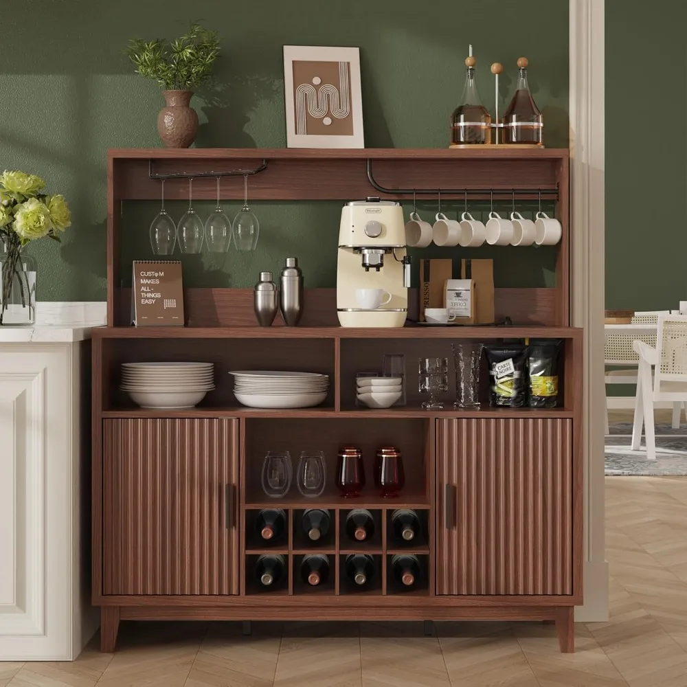 

Fluted Coffee Bar Cabinet with Charging Station, 47.2 W Home Bar Furniture with Removable Wine Rack, Glass Holder, Moder